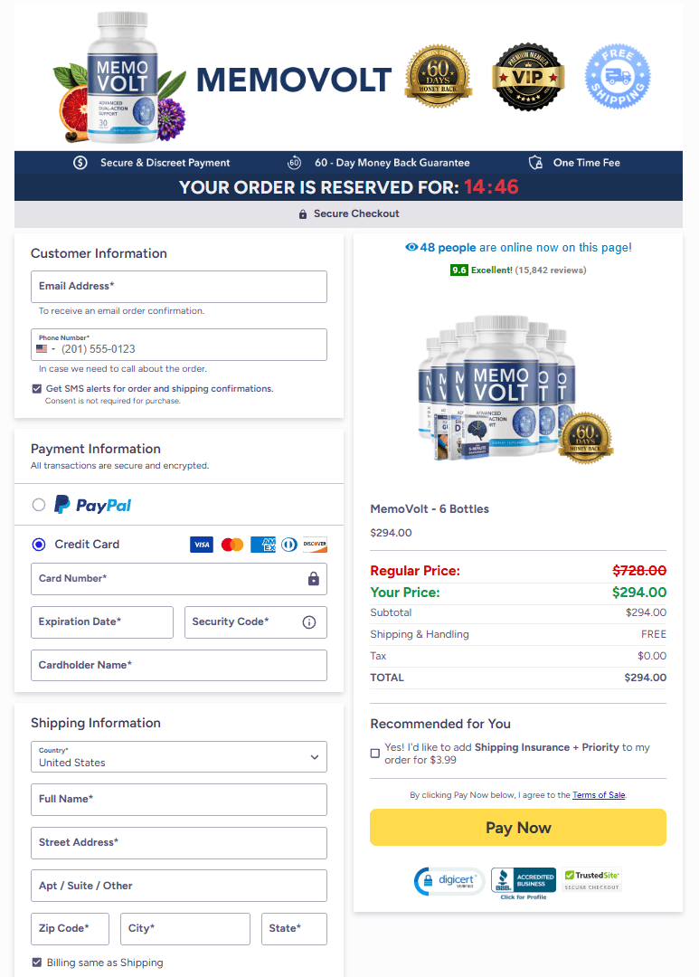 MemoVolt secure checkout page